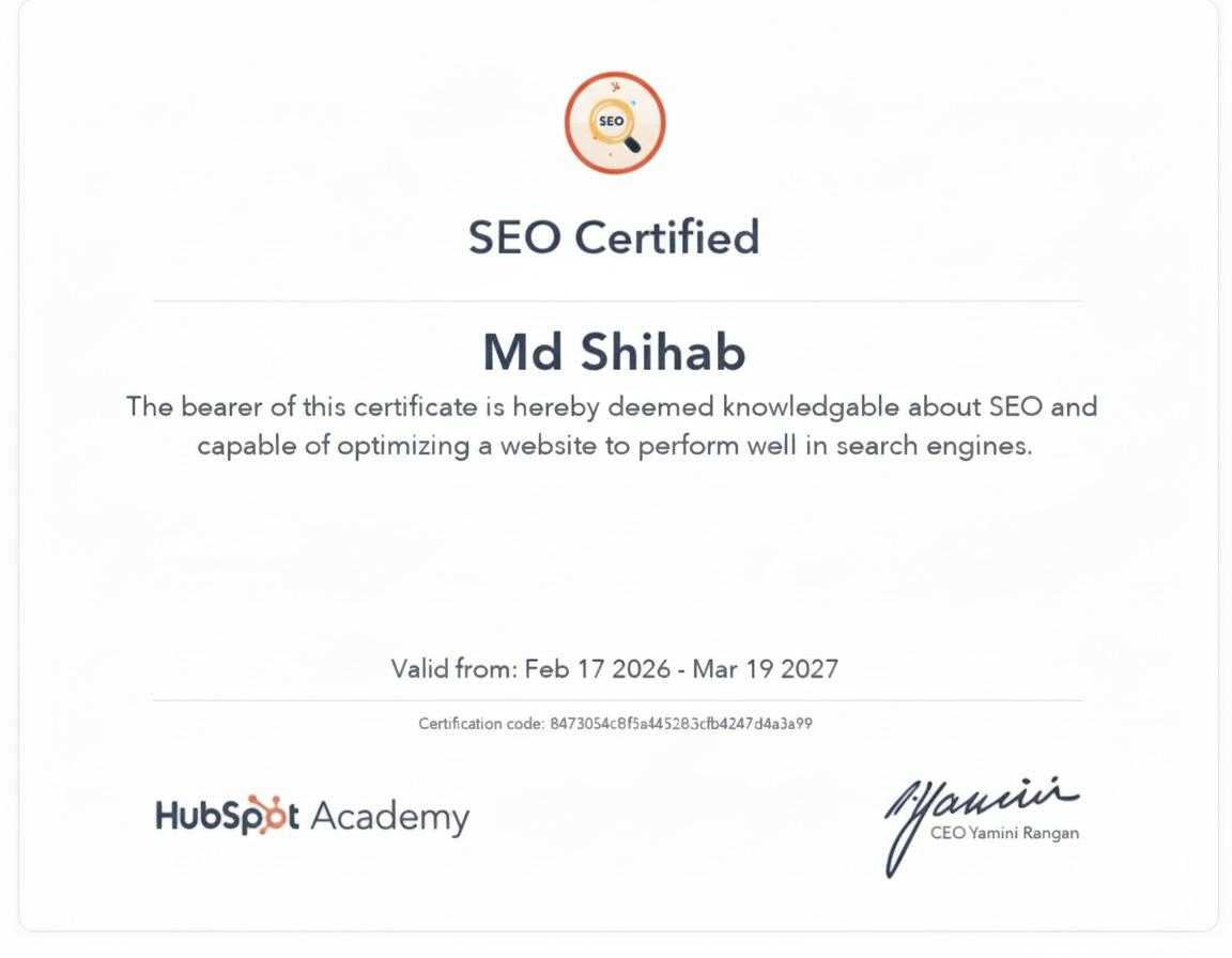 Certification certificate for SEO Certification issued by HubSpot Academy