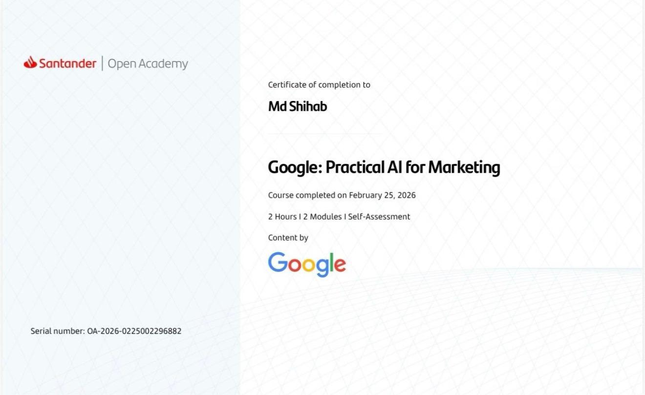 Certification certificate for Practical AI for Marketing issued by Google